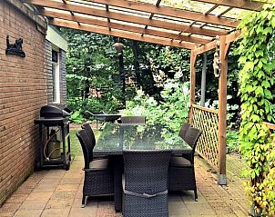 Overdekt terras in Vakantiehuis in Schoonoord met barbecue en groene omgeving.