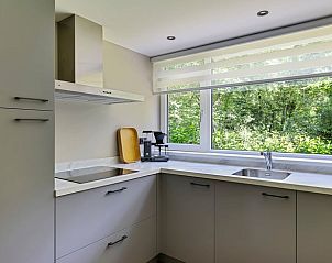 Strakke keukeninrichting met boszicht in Vakantiehuisje in Schoonoord, Drenthe.