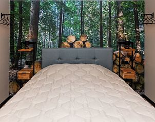 Slaapkamer met bosprint in Vakantiehuisje in Schoonoord, Zuidoost Drenthe voor een rustgevende sfeer.