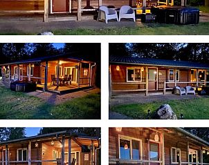 Collage van Vakantiehuis in Erm, Drenthe, toont verschillende buitenaanzichten bij avondlicht.