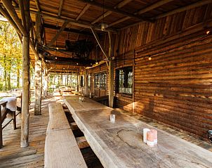 Gezellige veranda van Huisje in Erm, een vakantiehuis in Zuidoost Drenthe, met houten tafels en uitzicht op de omliggende natuur.