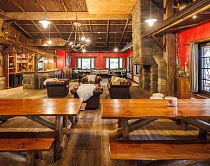 Gezellige binnenruimte van Huisje in Erm, vakantiehuis in Zuidoost Drenthe, met rustieke houten tafels en een sfeervolle open haard.