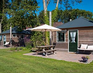 Zonnig terras van Vakantiehuisje in Coevorden met parasol en tuinmeubelen in Drenthe.