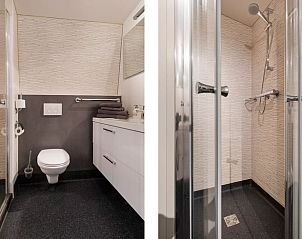 Modernes Badezimmer des Ferienhauses in Stieltjeskanaal, Sdost-Drenthe, mit stilvoller Dusche und praktischen Annehmlichkeiten.