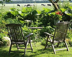 Rustieke zithoek met uitzicht op weiland bij Vakantiehuis in Odoornerveen, Zuidoost Drenthe, Drenthe.