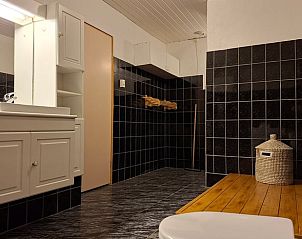 Moderne badkamer met donkere tegels in Vakantiehuis in Odoornerveen, Zuidoost Drenthe, Drenthe.