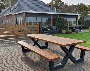 Picknicktafel op het terras van Huisje in Fluitenberg, vakantiehuis in Zuidwest Drenthe, voor gezellige maaltijden buiten.