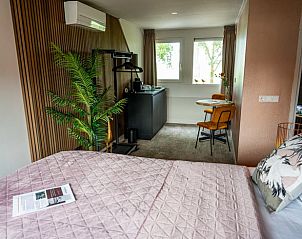 Ruime binnenruimte van Vakantiehuis in Fluitenberg, Drenthe, met zithoek en uitzicht op de groene omgeving.