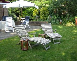 Ruime tuin met ligstoelen bij DE larix 150 vakantiehuis in Diever, ideaal voor ontspanning.