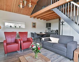 Gezellige woonkamer in Vakantiehuis in Zuidwolde, Drenthe met moderne inrichting en houten plafond.