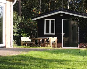 Geniet van de rust bij Huisje in Ruinen, vakantiehuis in Zuidwest Drenthe, met een gezellig terras omringd door groene natuur.