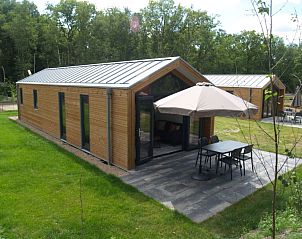 Buitenterras van Vakantiehuis Forest Lodge 4 in Ruinen, Drenthe met parasol en comfortabele zitplaatsen.