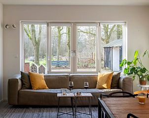 Gezellige woonkamer in Vakantiehuisje in Dwingeloo, Drenthe, met uitzicht op de natuurrijke omgeving.