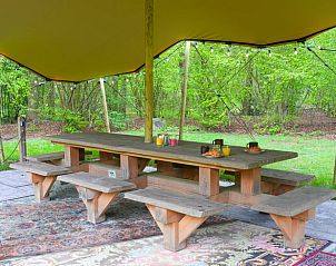 Overdekte picknickplek met verlichting bij Vakantiehuisje in Dwingeloo, Drenthe, ideaal voor buiteneten.