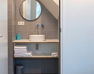 Stijlvolle badkamer in Vakantiehuisje in Dwingeloo, Zuidwest Drenthe, met moderne wastafel en spiegel.