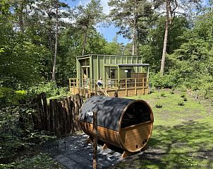 Rustieke sauna bij Tiny Houselodge Eris, vakantiehuis in Dwingeloo, Drenthe, omringd door weelderige natuur.