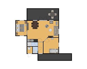 Plattegrond van Bungalow Pluto in Dwingeloo, Zuidwest Drenthe. Overzicht van de vakantiehuis indeling.