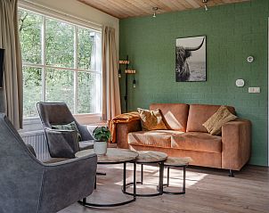 Gezellige woonkamer van Bungalow Saturnus in Dwingeloo, Zuidwest Drenthe, met comfortabel interieur en uitzicht op de groene omgeving.
