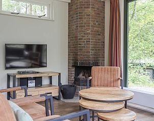 Gezellige woonkamer in Bungalow Zon, een vakantiehuis in Dwingeloo, Zuidwest Drenthe, met open haard en uitzicht op de groene natuur.