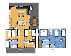 Plattegrond van Bungalow Zon, een ruime vakantiewoning in Dwingeloo, Zuidwest Drenthe, met meerdere slaapkamers en comfortabele leefruimtes.