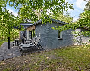 Buitenzijde van Aangepaste bungalow Meteoor met terras en ligstoelen in Dwingeloo, Zuidwest Drenthe.