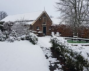 Sneeuw bedekt het Vakantiehuis in Dwingeloo, Zuidwest Drenthe, met zicht op de tuin en het charmante huisje in winterse sfeer.