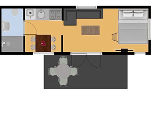 Plattegrond van Kampeerchalet de Avondster, overzicht van de indeling in Dwingeloo, Zuidwest Drenthe.