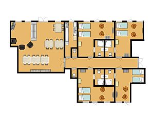 Plattegrond van Groepsaccommodatie de Komeet, Dwingeloo, met overzicht van kamers en faciliteiten.
