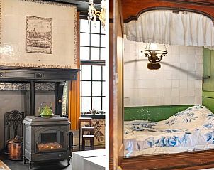 Gezellige binnenruimte van Vakantiehuis in Ruinerwold, Drenthe, met authentieke haard en knusse bedstede voor een sfeervol verblijf.