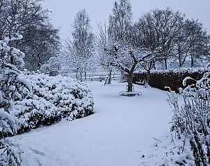 Winterse charme bij DG2026 vakantiehuis in Dieverbrug, Zuidwest Drenthe, omgeven door besneeuwde natuur en rustieke houten sauna.