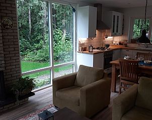 Gezellige woonkamer en keuken in Vakantiehuisje in Oude Willem, Zuidwest Drenthe, met uitzicht op groene natuur door grote ramen.