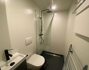 Stijlvolle badkamer in Vakantiehuis Solo Retreat 4, Biddinghuizen, met moderne douche en wastafel.
