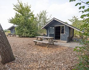 Rustieke glamping lodge Trekkershut 4 Personen in Biddinghuizen, Flevoland met picknicktafel.