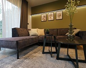 Gezellige woonkamer in Chalet in Biddinghuizen, vakantiehuis in Flevoland met comfortabele bank.