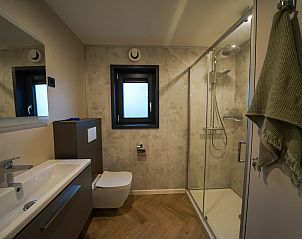 Moderne badkamer in Chalet in Biddinghuizen, vakantiehuis in Flevoland met douche en wastafel.