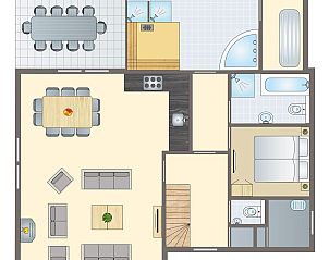 Plattegrond begane grond Waterparc Veluwemeer 10-persoons villa in Biddinghuizen, Flevoland. Ruime woonkamer en moderne keuken.