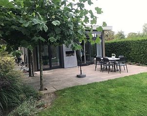 Buitenruimte van Chalet in Biddinghuizen, met terras en tuin omgeven door natuur in Oostelijk Flevoland.