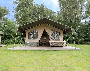 Glampingtent de Meeuw in Zeewolde, Zuidelijk Flevoland, biedt een rustieke safaritentervaring te midden van weelderige natuur en een ruim terras.