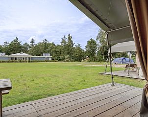 Veranda van Glampingtent de Meeuw in Zeewolde, Zuidelijk Flevoland, met uitzicht op groene natuur en rustgevende omgeving.