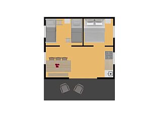 Plattegrond van Glampingtent de Meeuw in Zeewolde, Zuidelijk Flevoland. Luxe tenthuis met comfortabele slaapruimtes en moderne voorzieningen.
