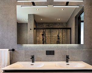 Badkamer met spiegel in Huisje in Appelscha, vakantiehuis in Friese bossen, Friesland, met moderne afwerking.