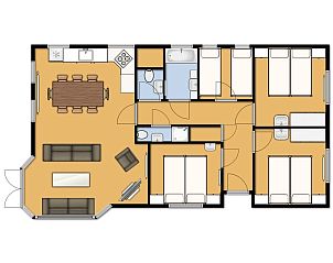 Plattegrond van Chalet de Vink in Appelscha, Friese bossen. Ruim vakantieverblijf met meerdere slaapkamers en moderne voorzieningen.