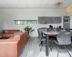 Open leefruimte van vakantiehuis Bungalow de Heivlinder in Appelscha, met uitzicht op de prachtige Friese natuur.