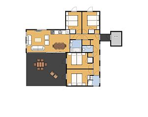 Plattegrond van Bungalow de Heivlinder in Appelscha, toont de ruime indeling van het vakantiehuis in Friesland.