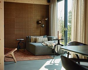 Zonnige woonkamer van Unbrick One, vakantiehuis in Appelscha, Friese bossen.