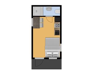 Plattegrond van Kampeerchalet de Steenuil in Appelscha, Friese bossen, Friesland. Compact vakantiehuis met moderne voorzieningen en comfortabele indeling.
