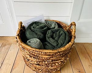 Mand met handdoeken in Huisje in Oldeberkoop, vakantiehuis in de Friese bossen, Friesland.