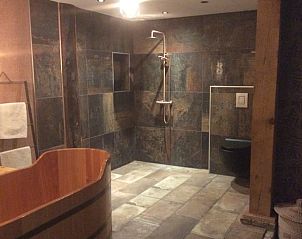 Stijlvolle badkamer in Vakantiehuis in Noordwolde met ruime douche en houten elementen, Friese omgeving.