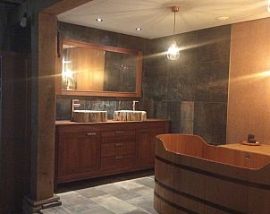 Moderne badkamer in Vakantiehuis in Noordwolde met unieke wastafel en houten details, Friesland.