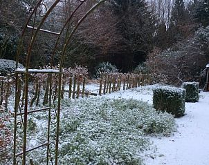 Sneeuw bedekt de tuin van Vakantiehuis in Noordwolde, een winterwonderland in Friesland.